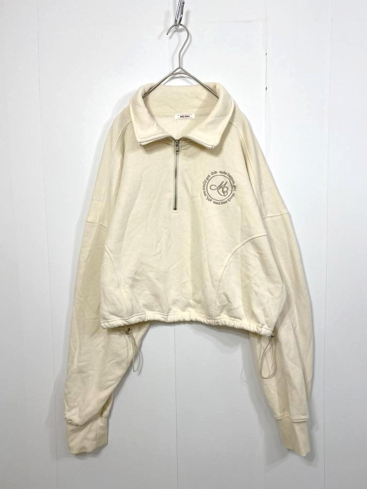 ゆうパケットOK mily bilet ミウィビレット mi1329007 裏起毛胸刺繍ハーフジップクロップド丈裾スピンドル スウェット sizeL/ベージュ ◆■拍卖