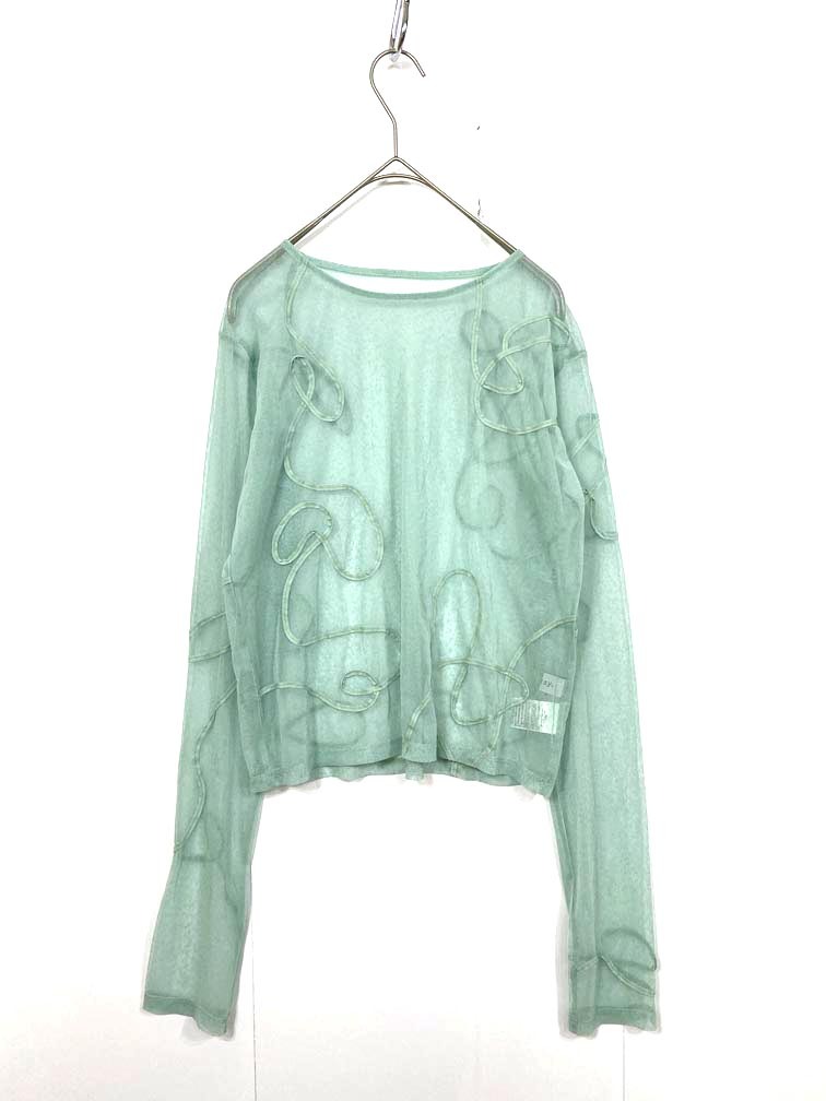 ゆうパケットOK forksy. フォルクシー FOls557 ニュアンス柄コード刺繍シアーロング Tシャツ sizeF/黄緑 ■■拍卖