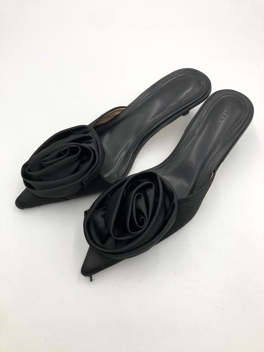 AMERI アメリ ROSE MOTIF SATIN MULE ミュール サンダル sizeS/黒 ■■◎ ☆ ffc6 レディース拍卖