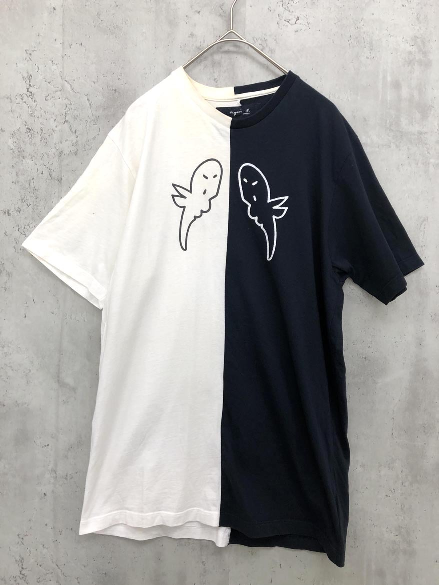 ゆうパケットOK agnes b アニエスベー バイカラー イラスト Tシャツ size2/白/黒 ■■ ☆ fgb1 メンズ拍卖