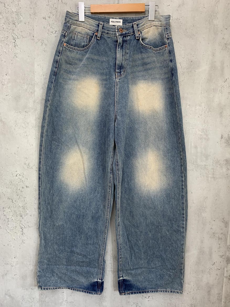 FOLLOWIN フォロウィン ヴィンテージカラーウォッシング 韓国 ユニセックス ワイド デニムパンツ sizeL/青 ■■ ☆ fgb1 レディース拍卖