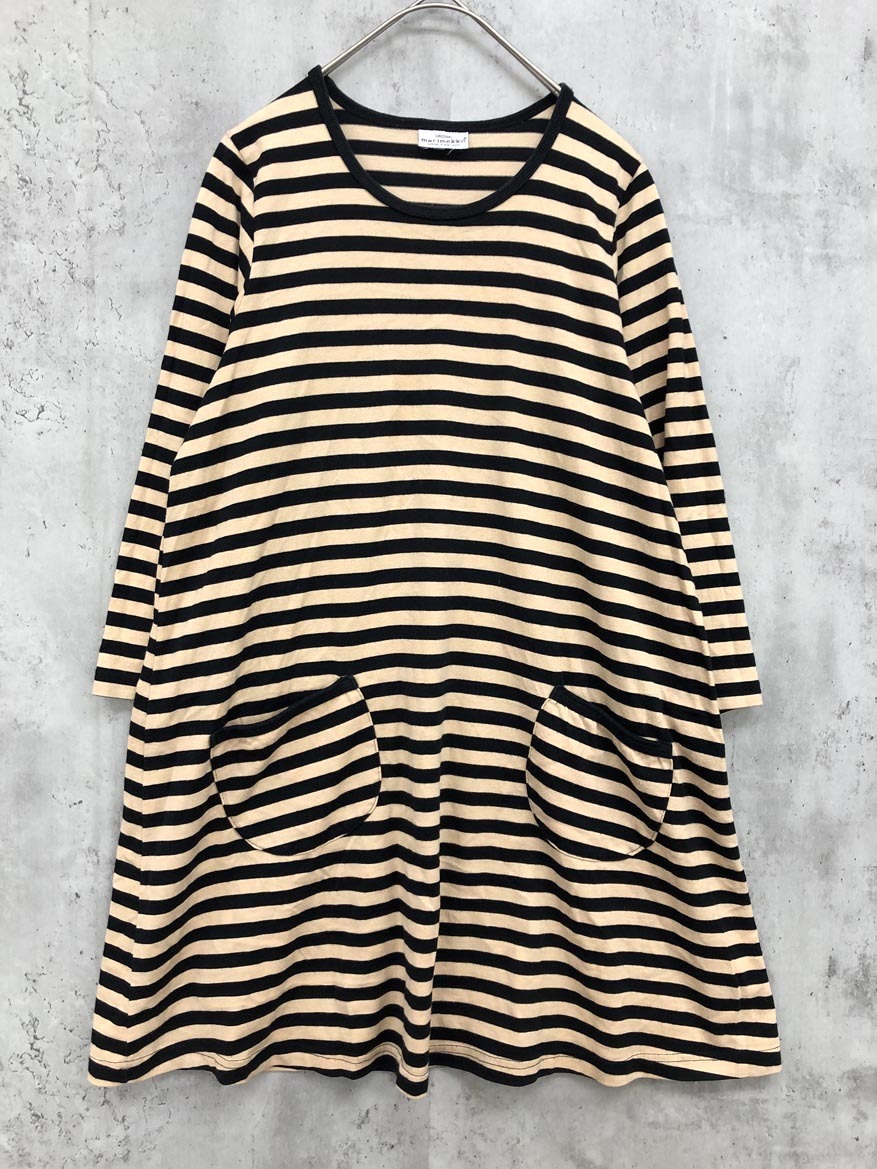 ゆうパケットOK marimekko マリメッコ ポケット付き ボーダー カットソー ワンピース size150/ベージュ/ブラック ◇■ ☆ fgb8 子供服拍卖