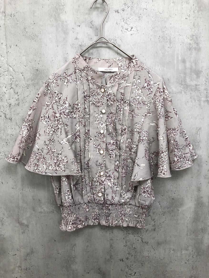 ゆうパケットOK 美品 mily bilet ミウィビレット 花柄 ピンタック フレア袖 ブラウス シャツ sizeL/ピンクベージュ ■◆拍卖