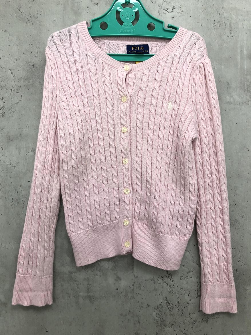 ゆうパケットOK POLO RALPH LAUREN ポロ ラルフローレン 長袖 丸首 ワンポイント ケーブルニット カーディガン size6(120/60)/ピンク ◇■拍卖