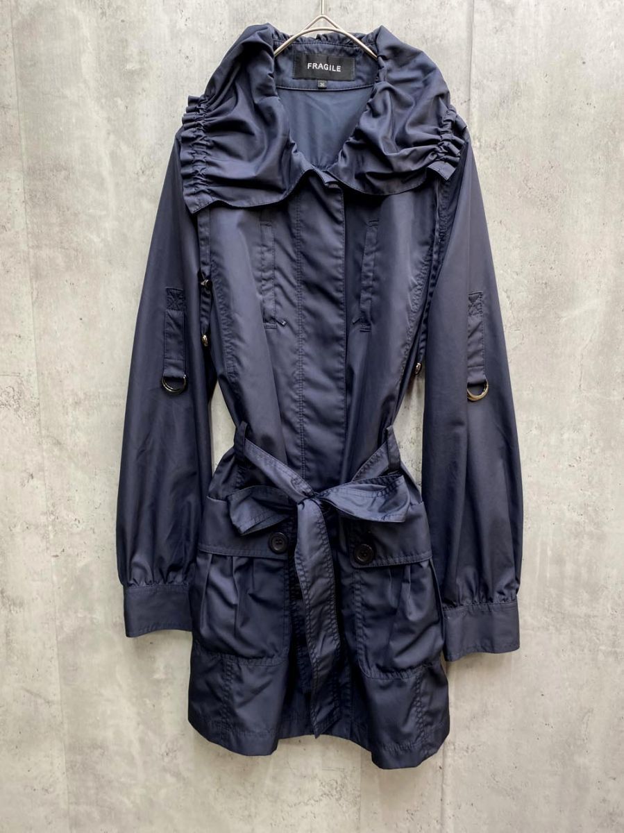 ゆうパケットOK FRAGILE フラジール フリル襟 トレンチ レイン コート size36/紺 ◇■拍卖