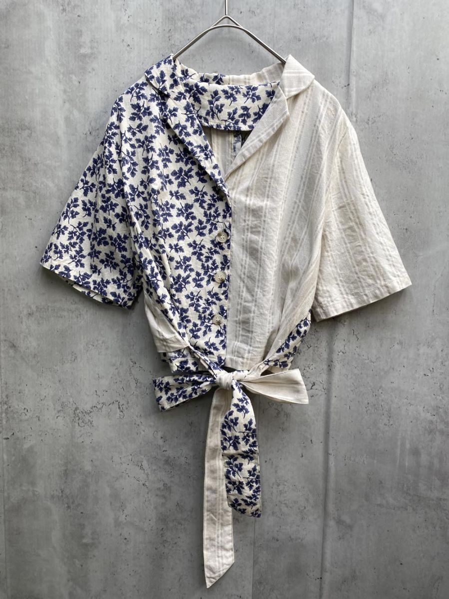 LA POMME ラポミ 半袖シャツ スカート 花柄 セットアップ sizeS/アイボリー×ブルー ■◆拍卖