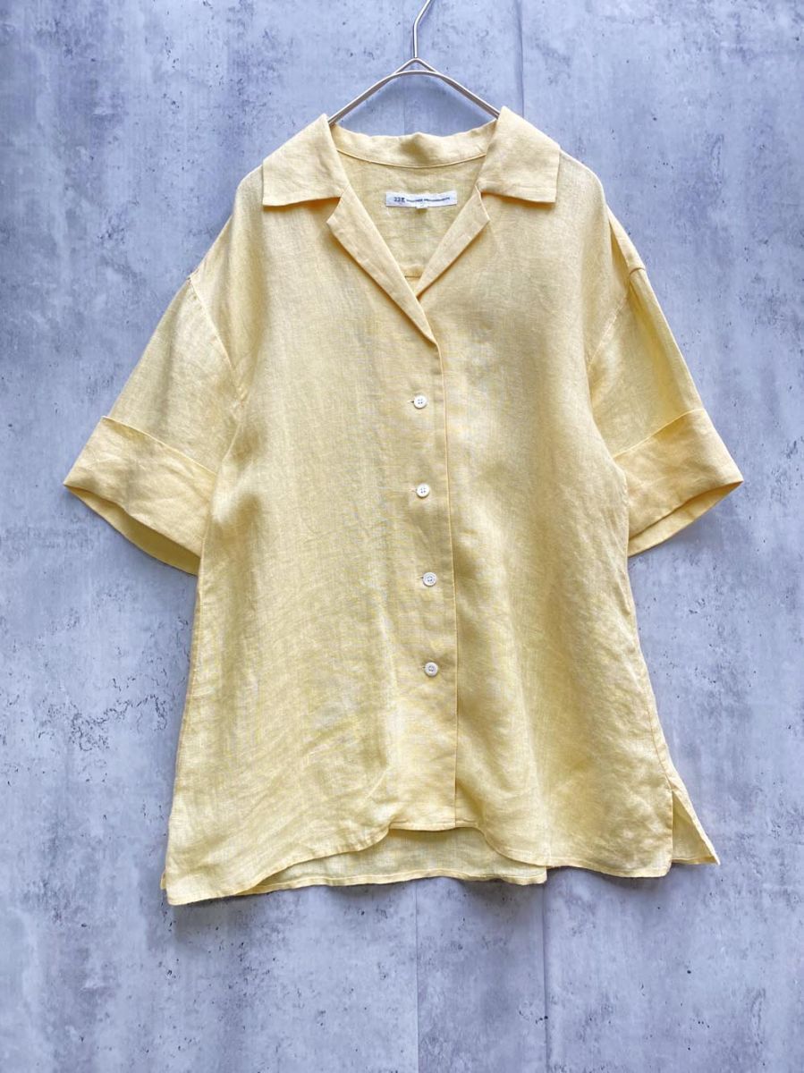 ゆうパケットOK 23区 ニジュウサンク 麻100% 無地 オープンカラー 半袖 シャツ size32/黄 ■◆拍卖
