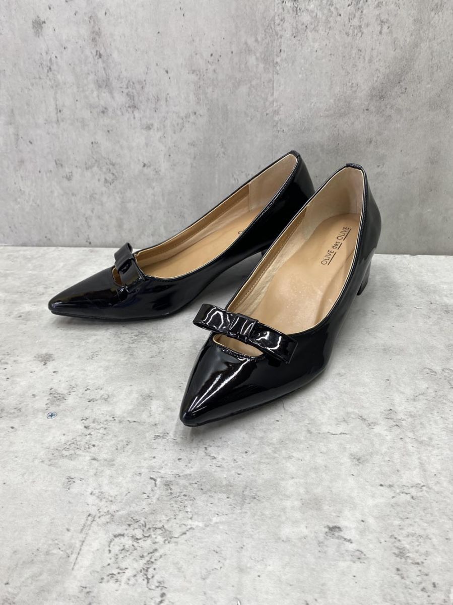 OLIVE des OLIVE オリーブ デ オリーブ リボン パンプス sizeM/黒 ■■拍卖
