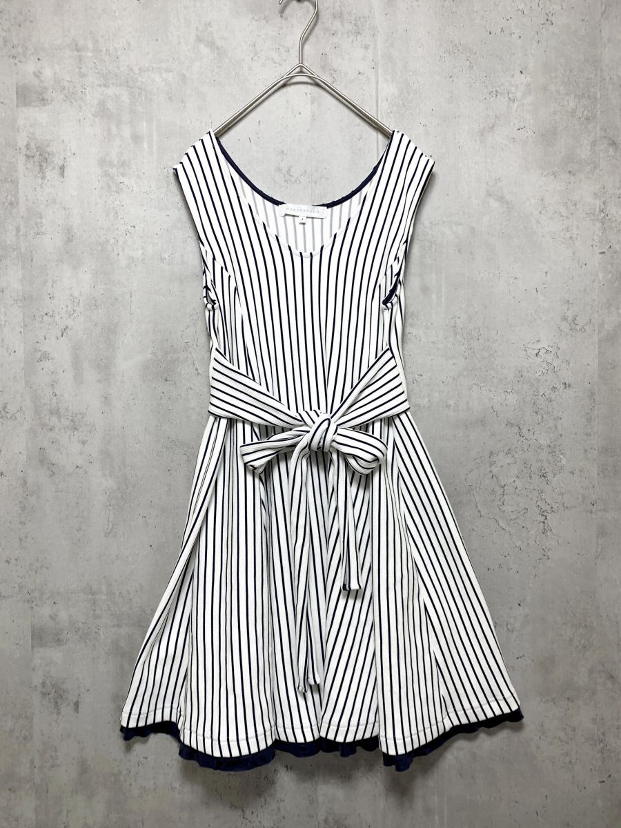 ゆうパケットOK MERCURYDUO マーキュリーデュオ 001510307001 ウエストリボン ストライプ ノースリーブ ワンピース sizeF/白 ■◆拍卖