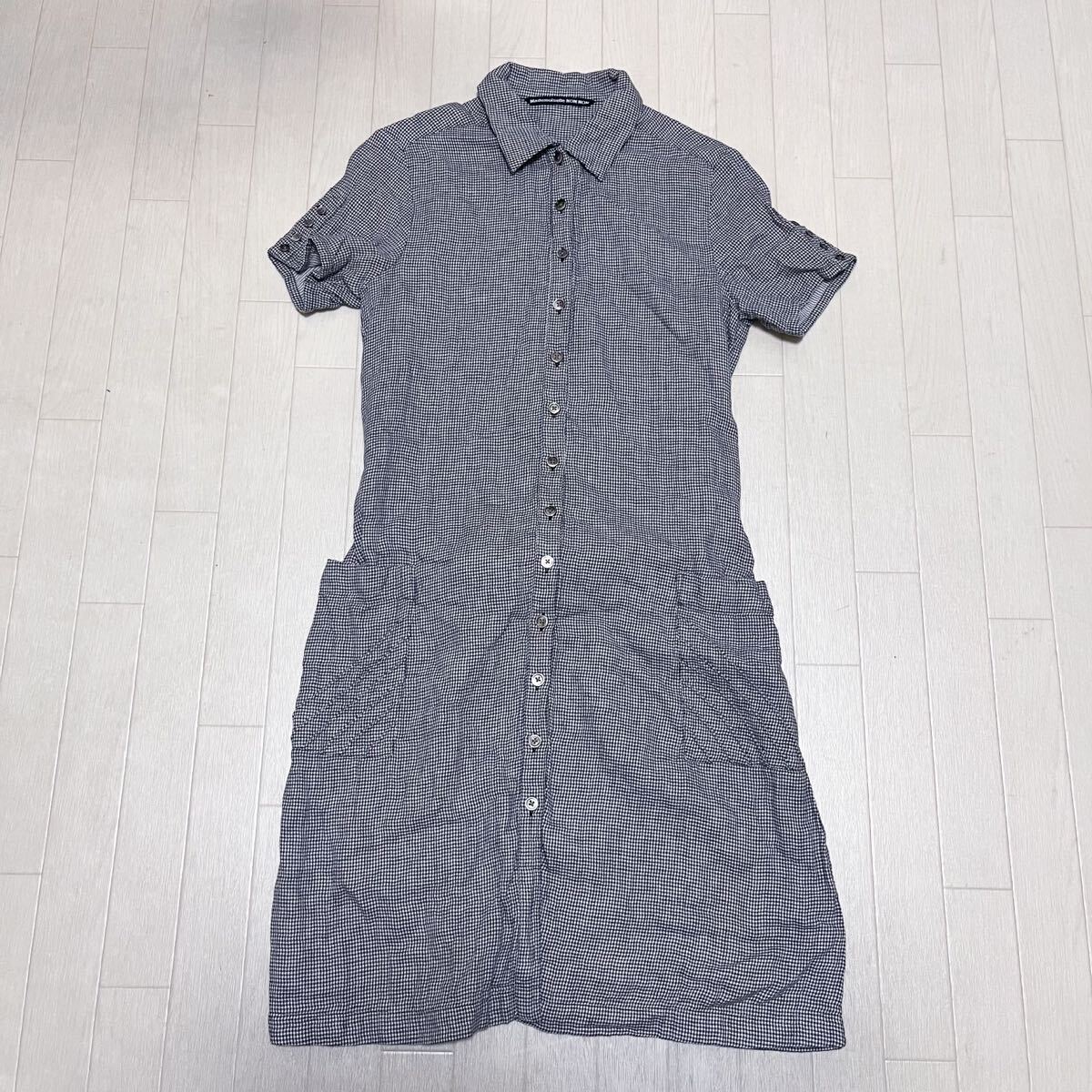 和777★ Mademoiselle NON NON マドモアゼルノンノン 半袖 ロングワンピース 膝丈ほど 千鳥柄 ネイビー ホワイト リネン混 L レディース拍卖