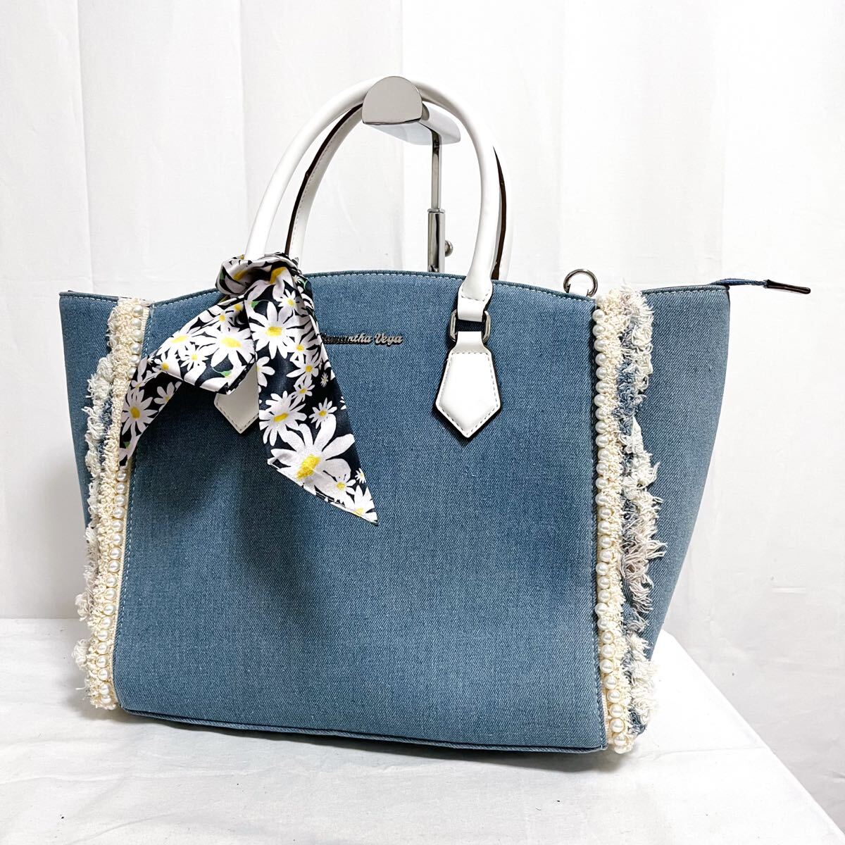 和781★① Samantha Vega サマンサベガ デニム ハンドバッグ ショルダーバッグ ビジュー ブルー レディース A4対応拍卖