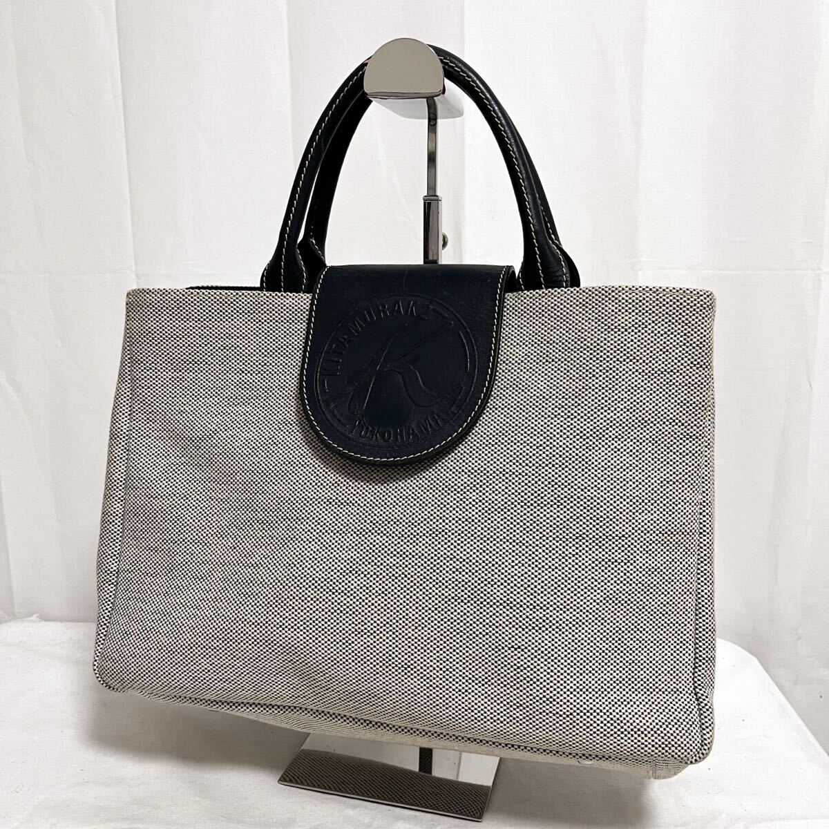 和781★ Kitamura2 YOKOHAMA キタムラ2 ハンドバッグ カジュアル レザー切替 ホワイト ネイビー レディース拍卖