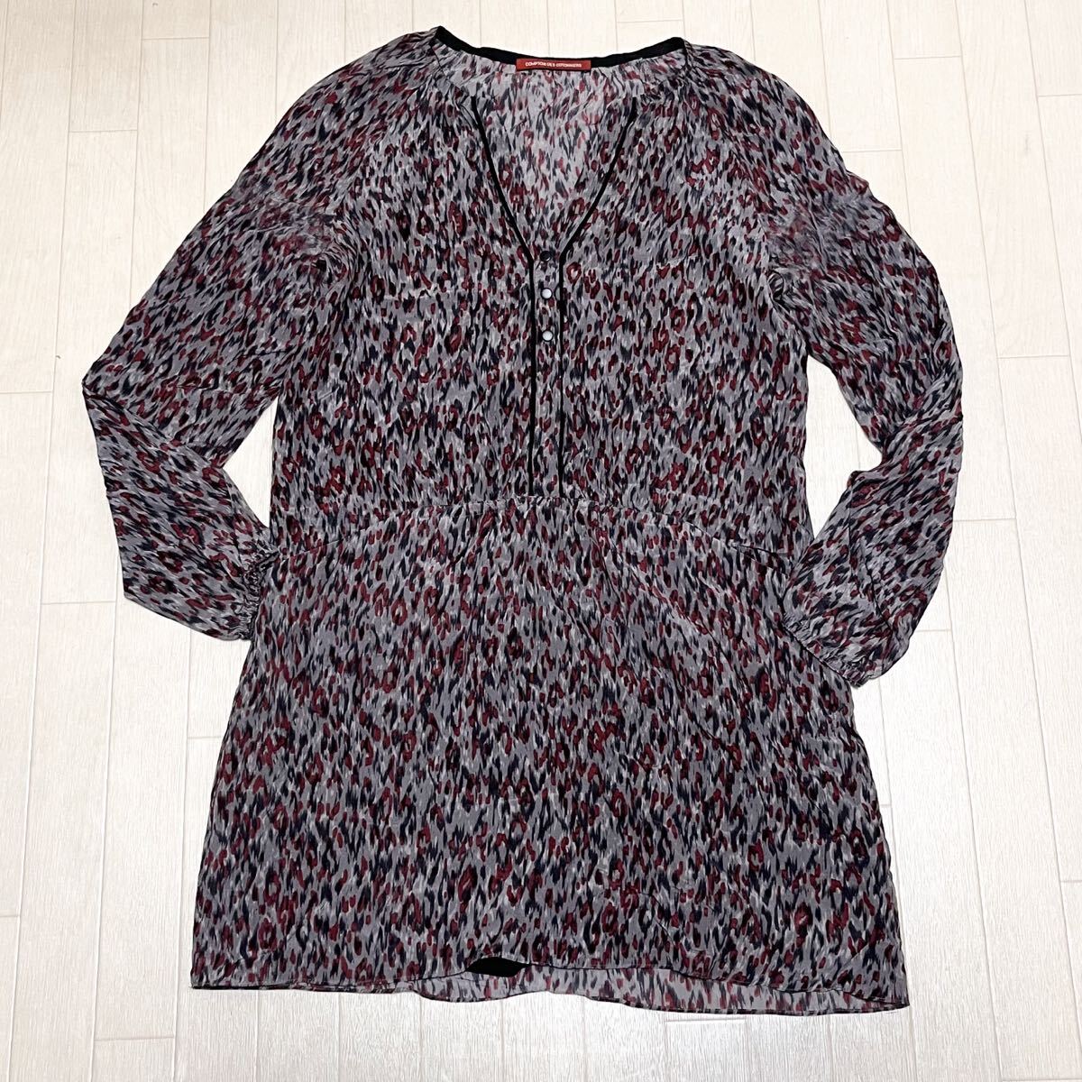 和783★ COMPTOIR DES COTONNIERS コントワーデコトニエ シルク 長袖 薄手 ミニワンピース レオパード 総柄 40 グレー レッド レディース拍卖