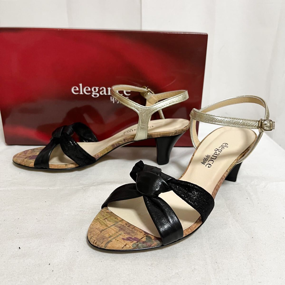 和788★ 箱付き elegance 卑弥呼 エレガンス サンダル ヒール ストラップ シューズ 日本製 23.5 ブラック シャンパンゴールド レディース拍卖
