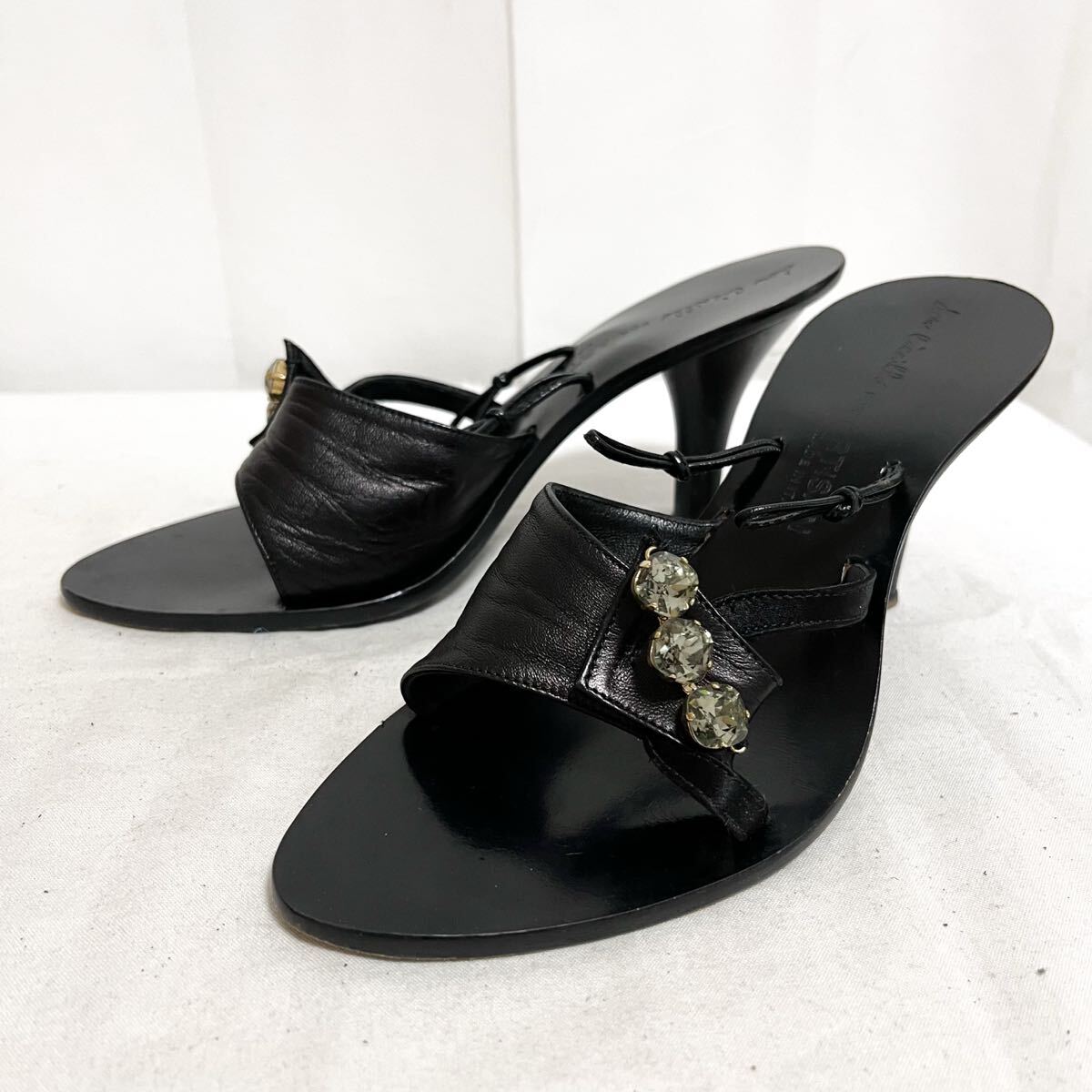 和788★① don Ciecills for ARTISAN アルチザン レザー サンダル ヒール シューズ ラインストーン 37 ブラック レディース拍卖