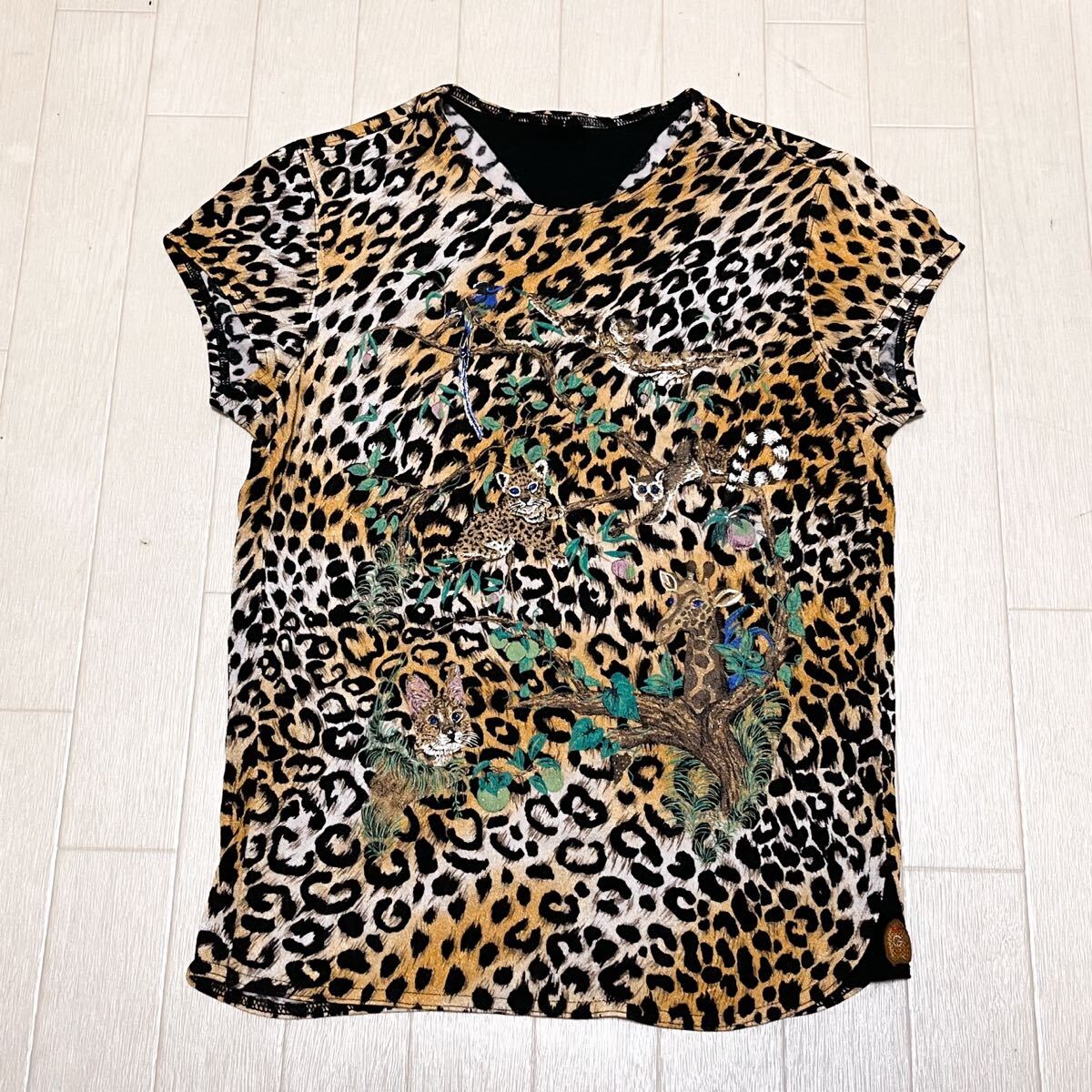 和798★① 伊太利屋 フレンチスリーブ ストレッチ カットソー レオパード アニマル 7 ベージュ ブラック レディース拍卖