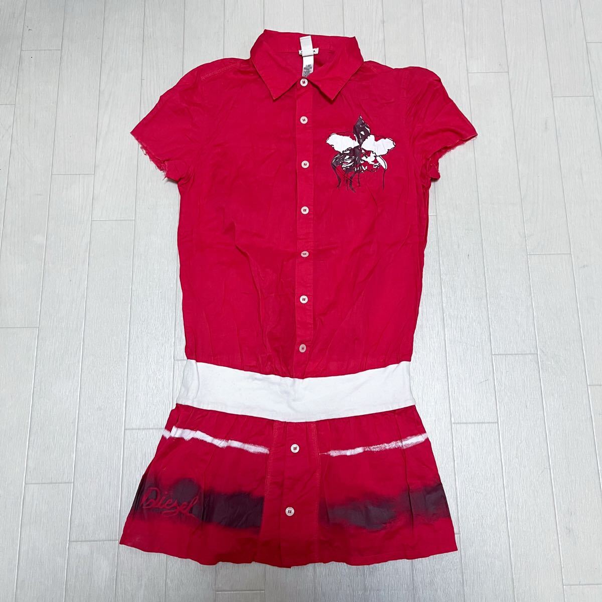 和806★ DIESEL ディーゼル 半袖 ボタンシャツ チュニック USA XS レッド レディース拍卖