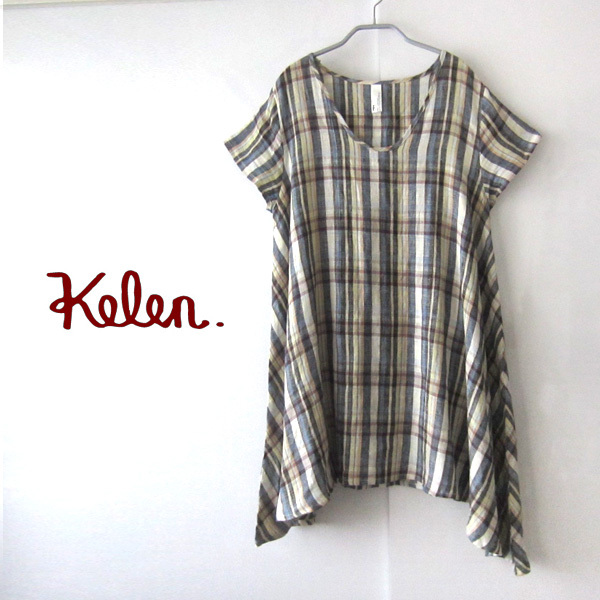 美品 Kelen./ケレン★ チェック柄 リネン カットソーワンピース拍卖