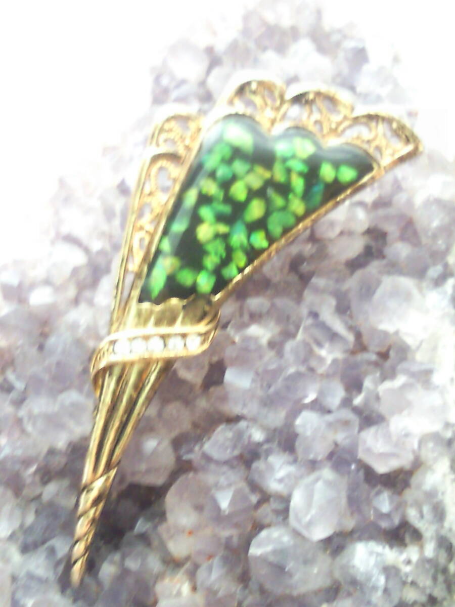 オパール天然貝ブローチ◆モザイクオパール扇形ヴィンテージ品アンティークジュエリー◆昭和レトロ◆遊色&輝石 グリーンオパール 送料無料拍卖