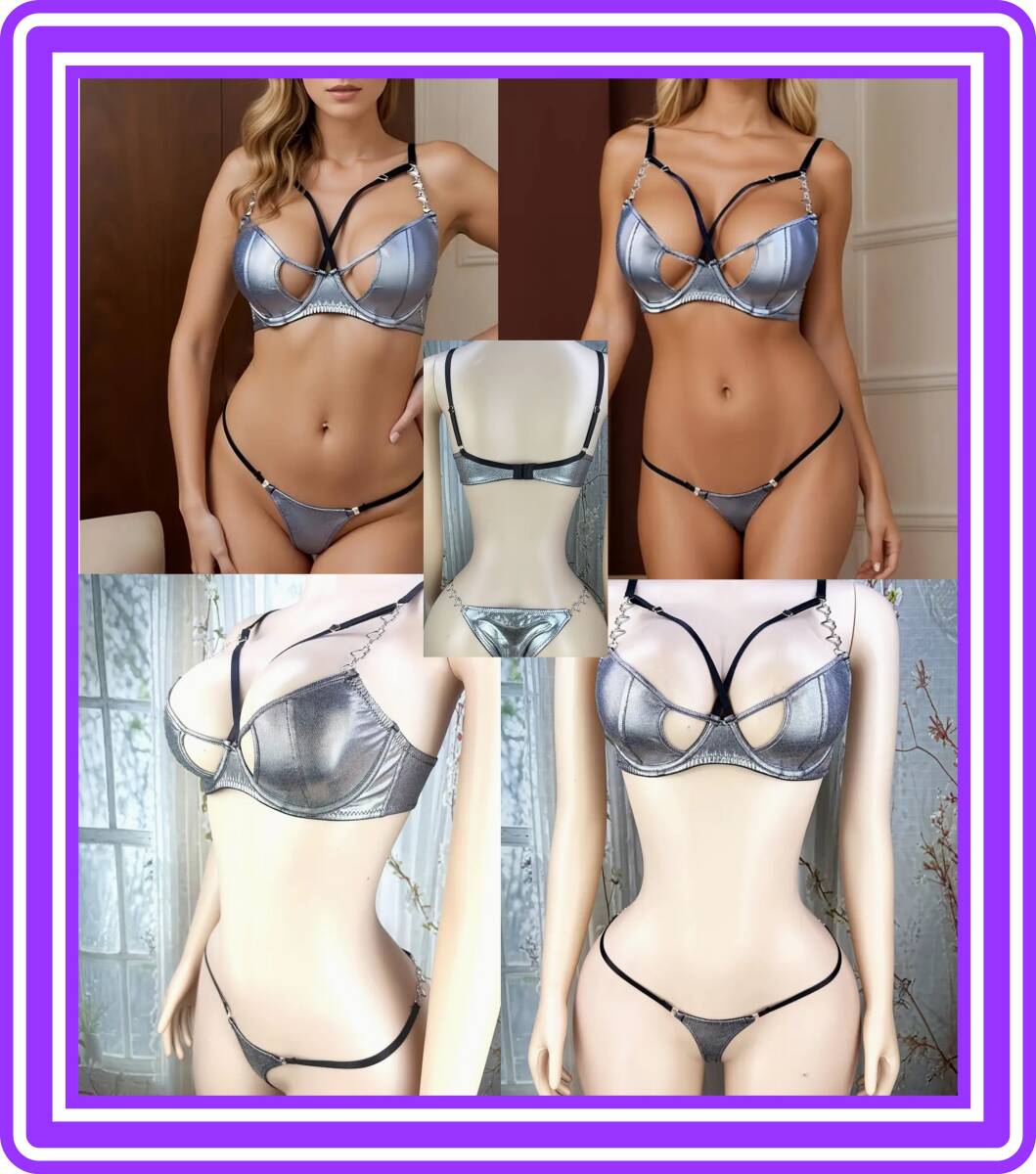 ★超素敵★アンダーワイヤー★光沢シルバー★ランジェリーセット★アンダーワイヤー★ハートメタル★大人可愛いくSexy★U88拍卖