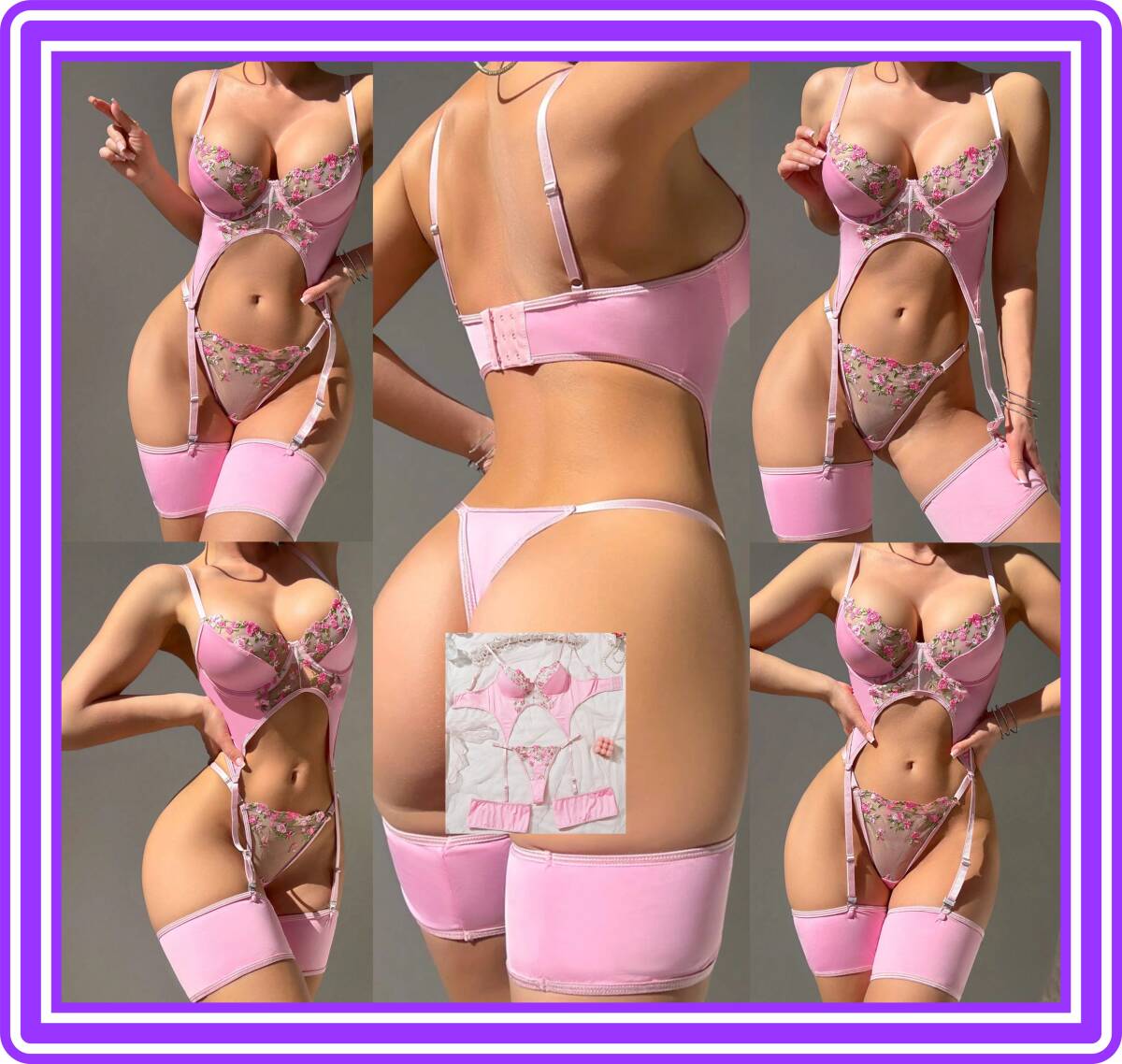 ★超素敵★ビスチェ風★ガーターランジェリーセット★刺繍★カップデザインキュート★ロングブラ風★Tバック★レッグリング付★L109拍卖