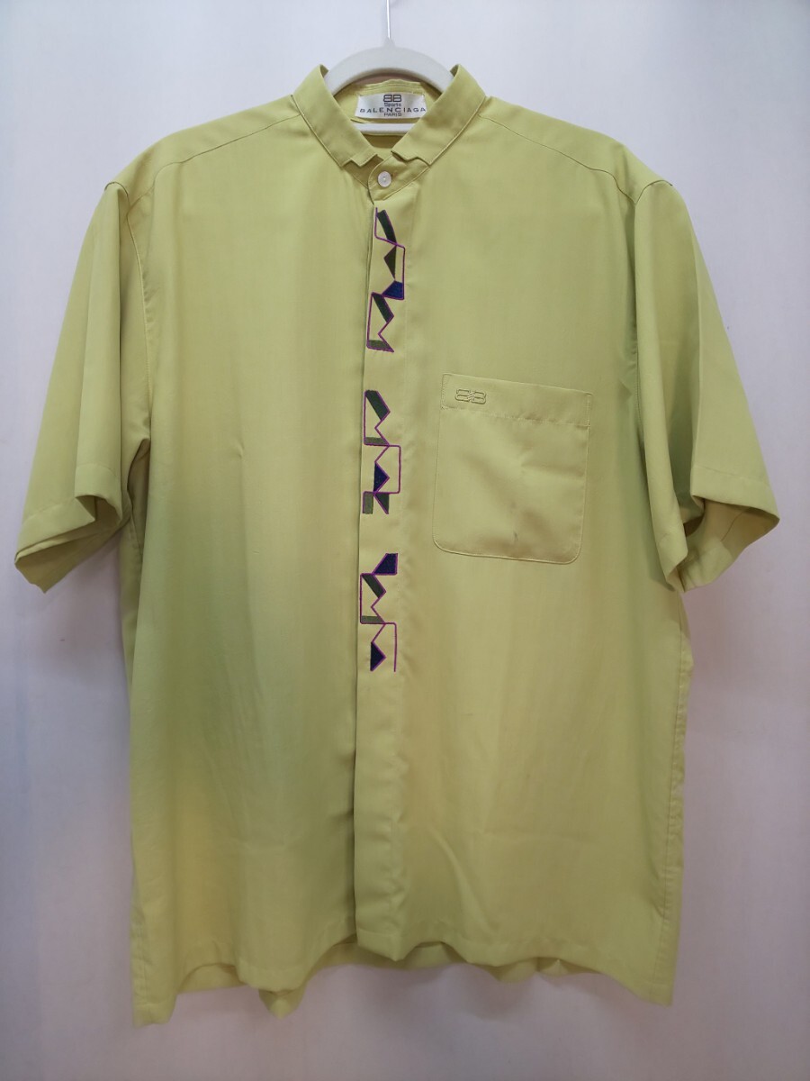 ☆BALENCIAGA ヴィンテージ 半袖シャツ Lサイズ☆バレンシアガ ポリエステルシャツ デザインシャツ 黄色よりの黄緑拍卖