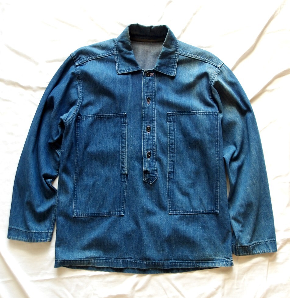50's 60's ヴィンテージ ARMY TYPE デニム プルオーバー シャツ メタルボタン 耳付き拍卖