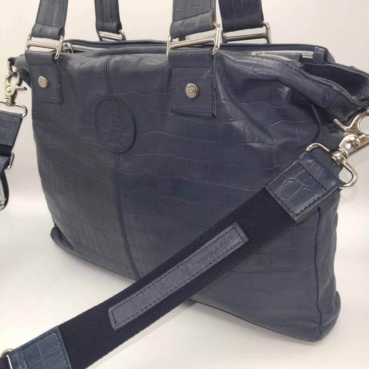 【クロコ型押し 2層式】オロビアンコ Orobianco ブリーフケース ビジネスバッグ ショルダーバッグ 2WAY レザー シルバー金具 ネイビー 紺色拍卖