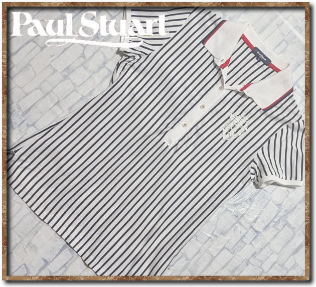 ☆Paul Stuart sport ポールスチュアート 刺繍入りストライプ半袖ポロシャツ 白☆拍卖