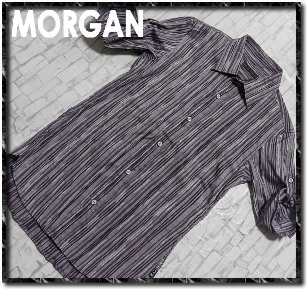 ★MORGAN HOMME モルガンオム ストライプ5分袖シャツ 紫系★拍卖