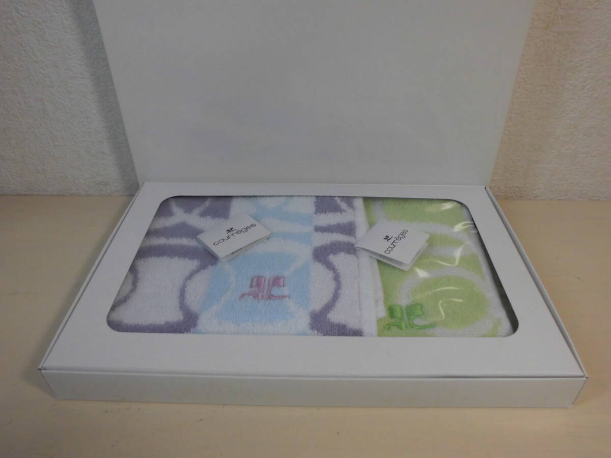 送料185円 courreges クレージュ タオルハンカチ 2枚セット グリーン パープル NO41006拍卖