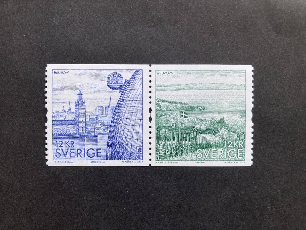 外国切手: スウェーデン切手 「(ヨーロッパ切手)共通テーマ・観光」(市役所と風景) 2種連刷 未使用拍卖