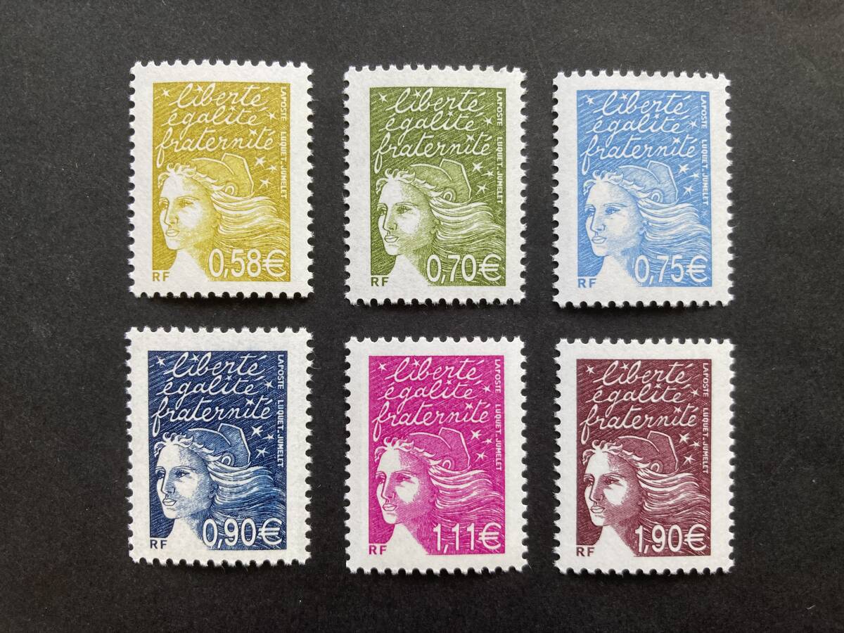 外国切手: フランス切手 「(普通切手)革命記念日のマリアンヌ・ユーロ単位(国名表記〈RF〉)」 6種完 〔2003年発行〕未使用拍卖