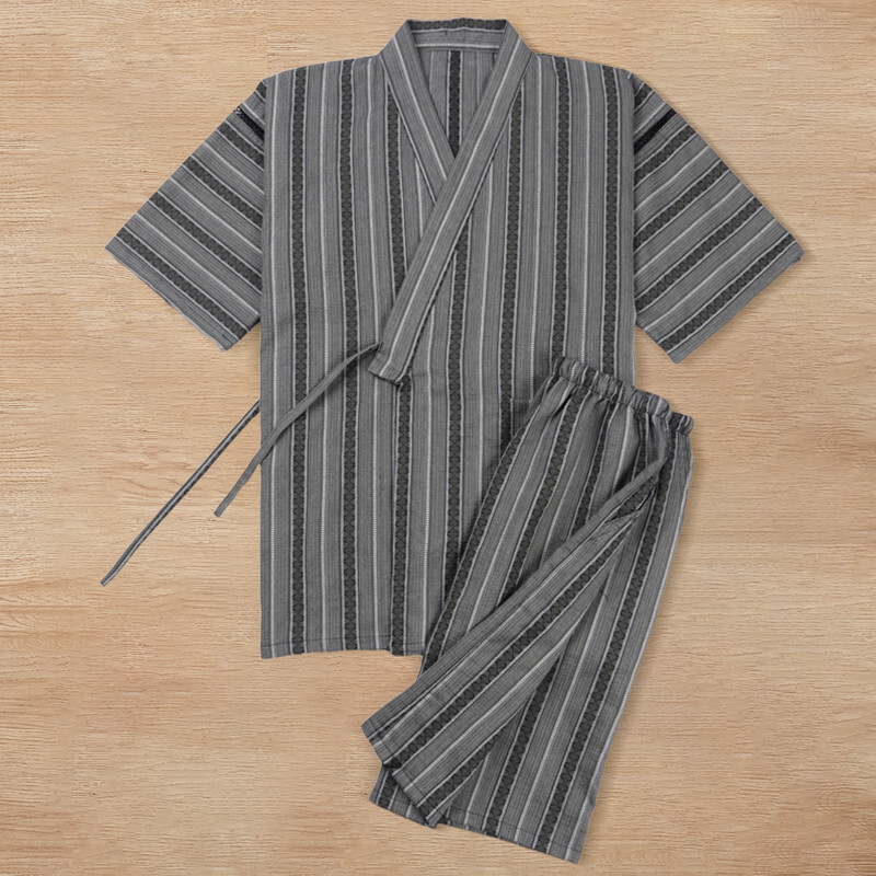 T7502-XL 濃いグレー 新品 作務衣 上下セット メンズ 縞柄 しじら織り 部屋着 セットアップ ヒッコリー柄 サマー 和装 紳士 甚平 じんべい 拍卖