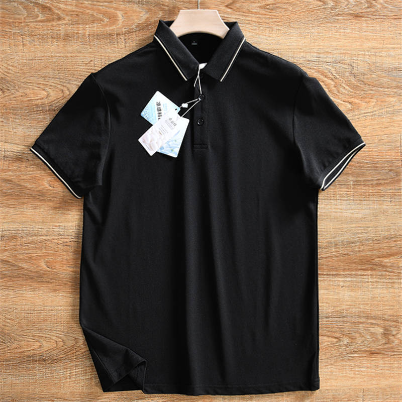 W0773-L黒色 新品 シルク混 吸水速乾 半袖 ポロシャツ メンズ 通気 涼感 薄手 細身 夏 ビジネス カジュアル シャツ 盛夏 サマー 拍卖