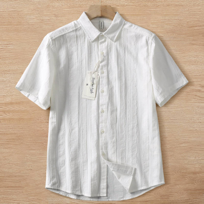 W0798-M白色 新品 綿麻混 ジャガード 半袖シャツ メンズ ストライプ 吸汗速乾 軽量 通気 涼しい 通勤 薄手 夏 シンプル シャツ 盛夏拍卖