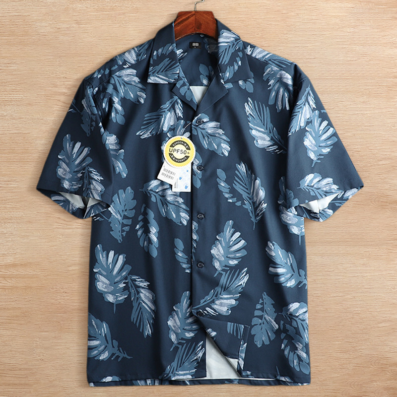 T1840-M ネイビー 新品 アロハシャツ 半袖 サマー メンズ 総柄 オープンカラー シャツ 春夏 リーフプリント 盛夏 開襟 アロハ トップス 拍卖