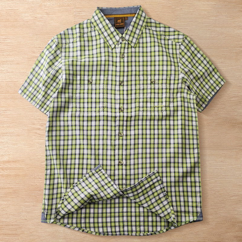 T3801-XL 新品 テンセル サマー シャツ 半袖 チェック 吸汗速乾 薄手 レギュラーカラー ボタンダウン コットン 胸ポケット 盛夏 春夏 緑拍卖
