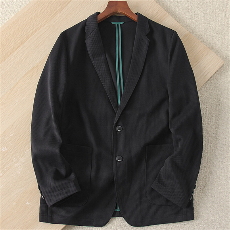 W0414-4XL/黒 新品 ワッフル ストレッチ ニット アンコン ブレザー カジュアル ジャケット 春夏 背広 メンズ テーラードジャケット 防シワ拍卖