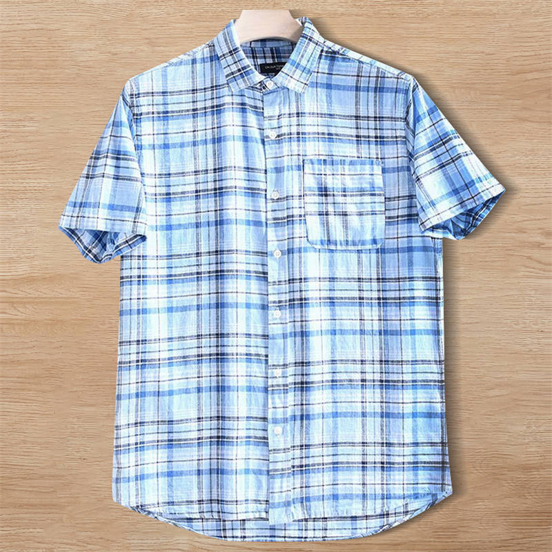 W0759-5XL 水色 大きいサイズ 新品 綿麻 チェック サマー 半袖シャツ メンズ 涼感 薄手 夏用 コットン リネン レギュラーカラー トップス拍卖