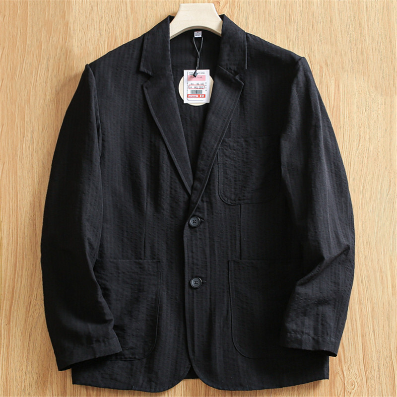 W0441-L黒 新品 シアサッカー コットン リネン アンコン ブレザー 防シワ テーラードジャケット 背広 メンズ 薄手 春夏 綿 麻 ブレザー拍卖