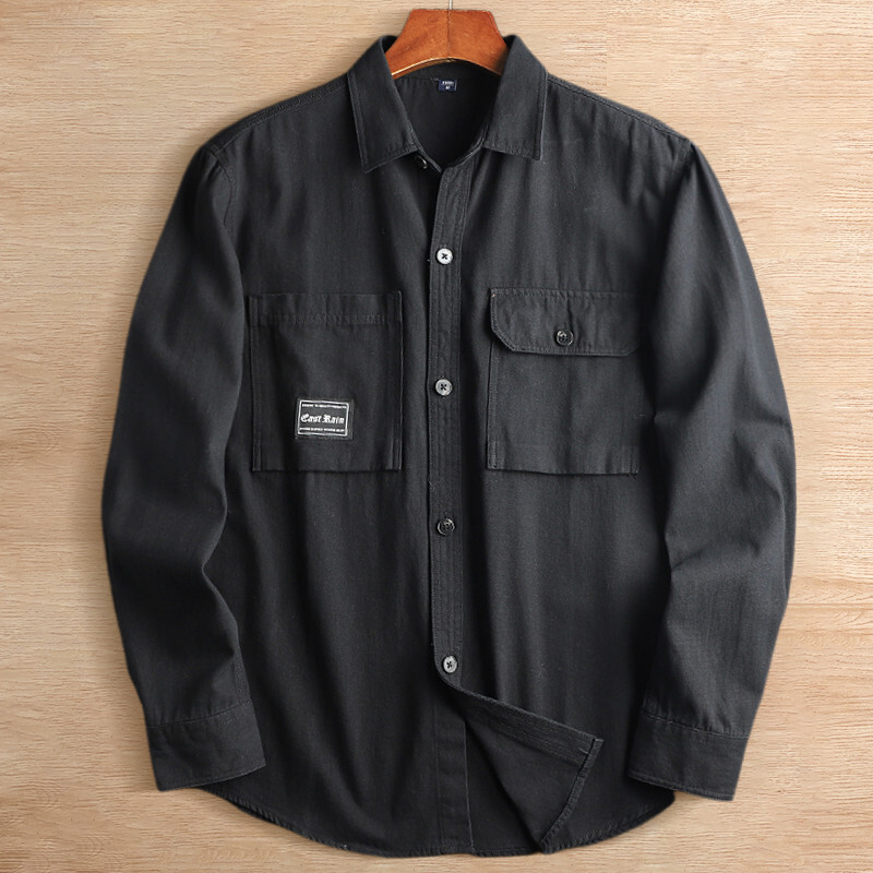 A7906-4XL 黒 新品 DCKMANY ウォッシュド コットン メンズ 長袖シャツ メンズ 綿100% 羽織りシャツ 春秋 胸ポケット オーバーシャツ 拍卖