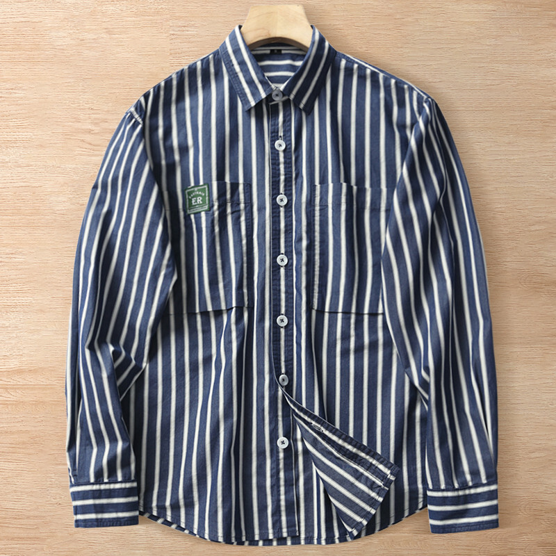 A6904-L 濃紺 新品 綿100% 長袖シャツ メンズ 縦縞 ボタンダウン レギュラーカラー 春秋 コットン オーバーシャツ カジュアル トップス 拍卖