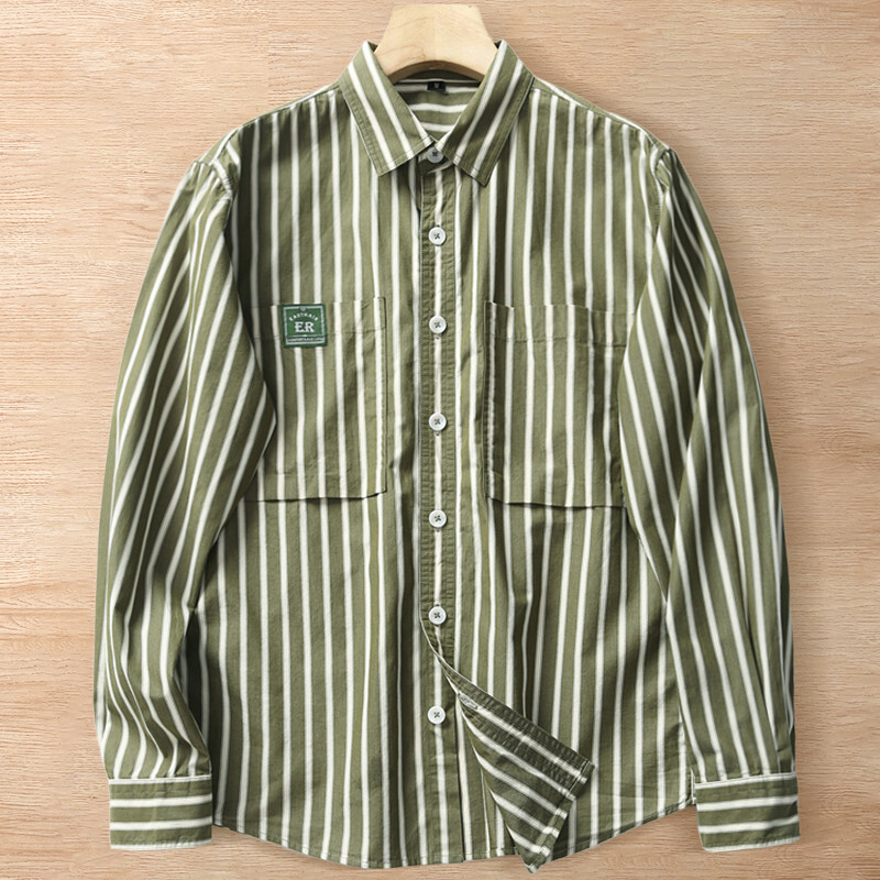 A6906-L 緑色 新品 綿100% 長袖シャツ メンズ 縦縞 ボタンダウン レギュラーカラー 春秋 コットン オーバーシャツ カジュアル トップス 拍卖