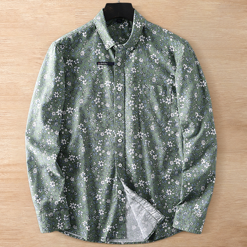 A5902-XL 緑 新品 DCKMANY メンズ 綿100% 花柄 長袖シャツ オックスフォード 防シワ 春秋 コットン カジュアル ボダンダウン ワイシャツ拍卖