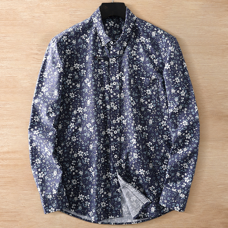 A5903-L 紺 新品 DCKMANY メンズ 綿100% 花柄 長袖シャツ オックスフォード 防シワ 春秋 コットン カジュアル ボダンダウン ワイシャツ拍卖