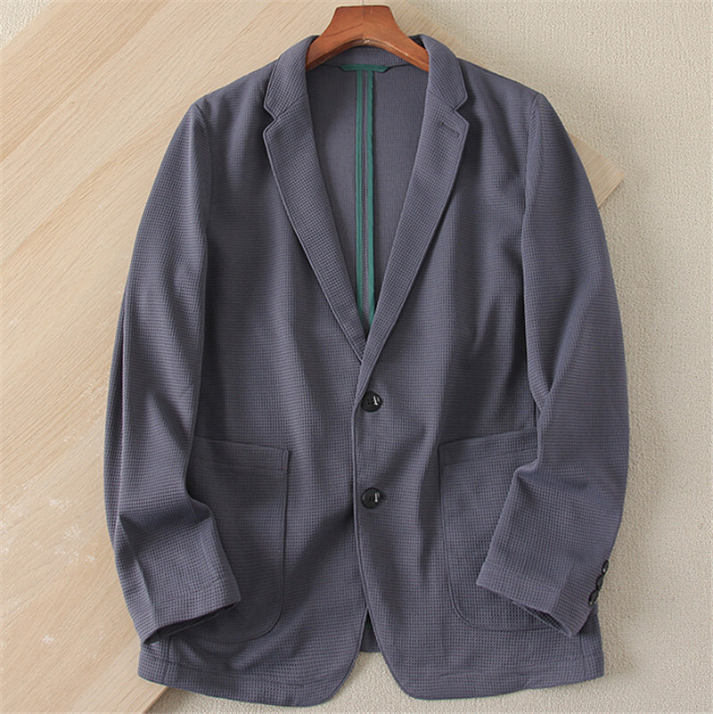 W0415-L/灰 新品 ワッフル ストレッチ ニット アンコン ブレザー カジュアル ジャケット 春夏 背広 メンズ テーラードジャケット 防シワ拍卖