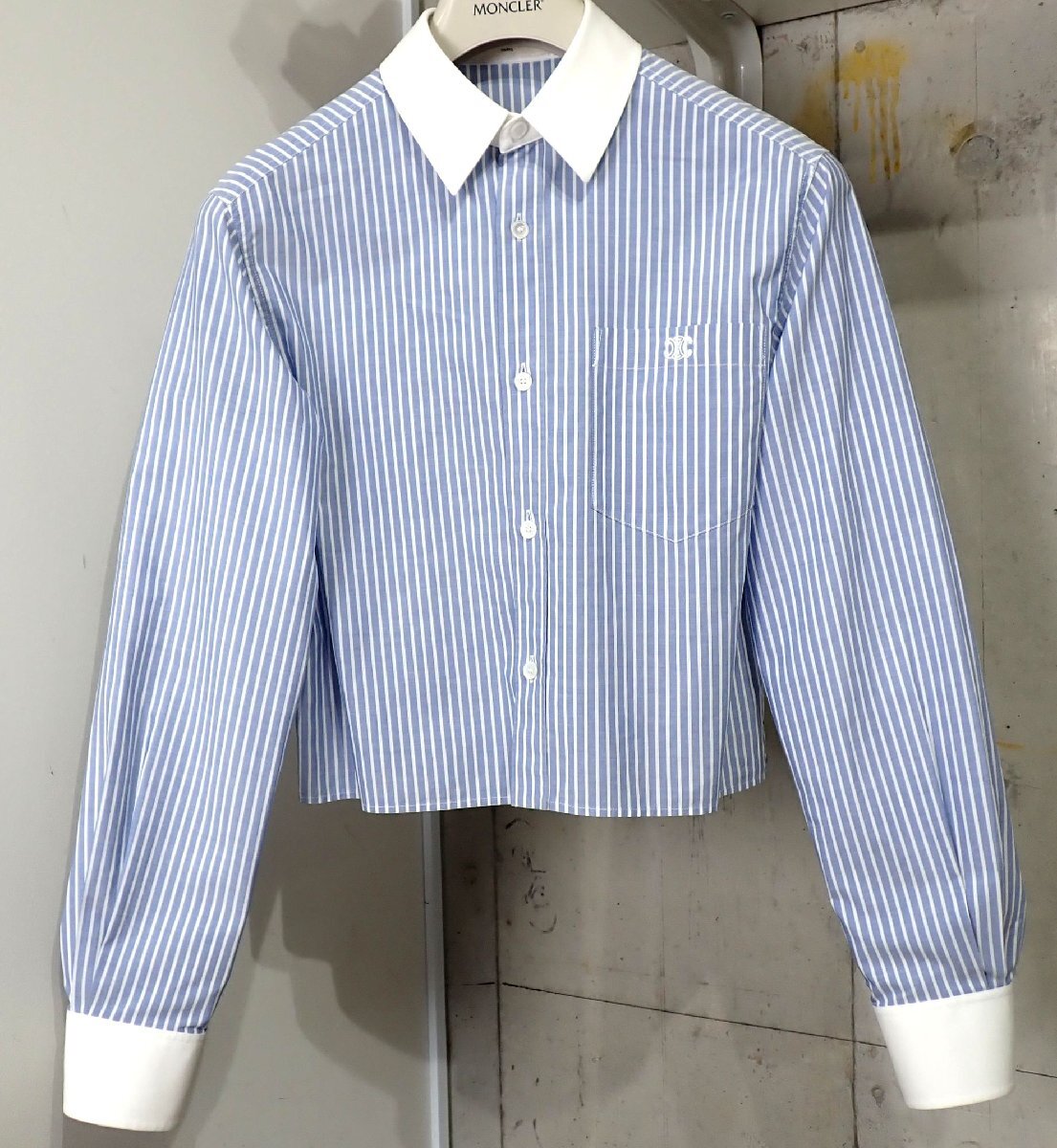 定価18万円 極美品 セリーヌ トリオンフ ストライプ ショート丈 レディース マカダム シャツ トップス ブラウス ブルー 34 2318拍卖