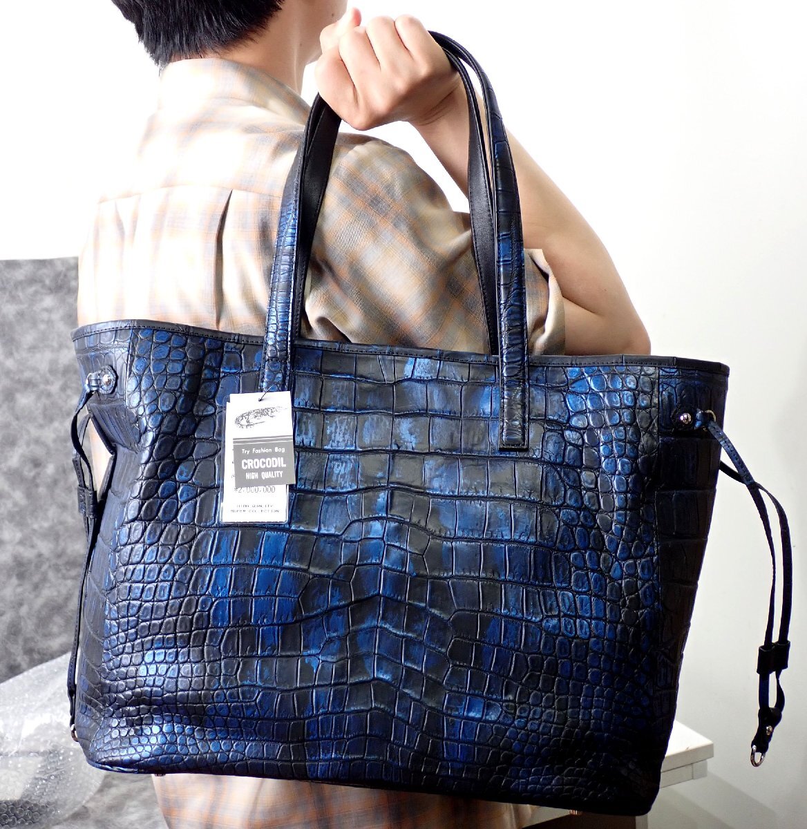 販売時200万円 新品 ヘンローン クロコダイル トートバッグ ショルダーバッグ マーブル ブルー メンズ レディース ネヴァーフル バッグ2438拍卖