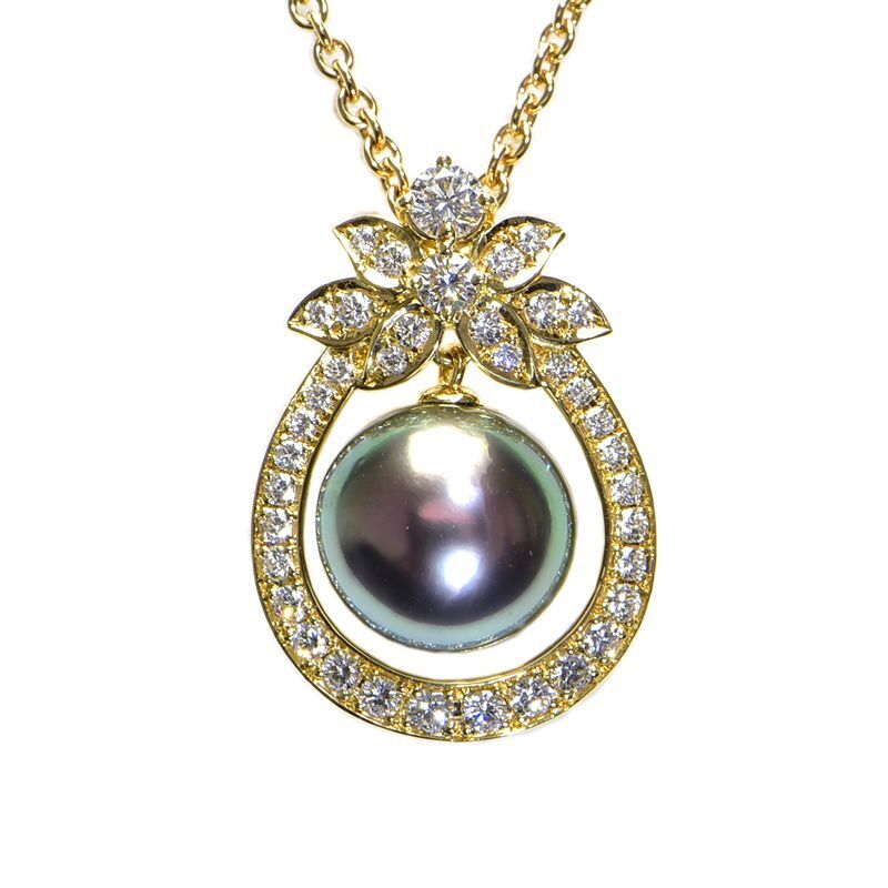 クイーン 平和堂貿易 HCO 約12mmブラックパールネックレス K18YG 0.93ctダイヤ 果実モチーフ イエローゴールド 地金約9g 中古 送料無料拍卖